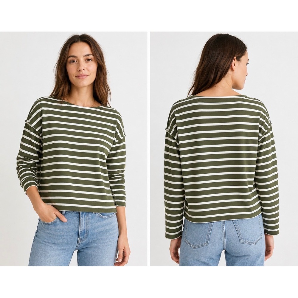 Madewell Luxe Long Sleeve Tee Casler Stripe Olive Green Raw Edge Cotton Top XS
